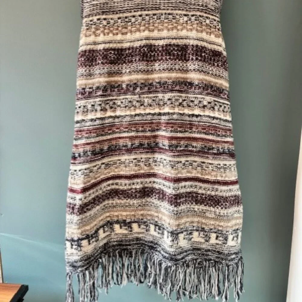 Cato Open Front Cardigan Sweater Loose Knit Fringe Neutral Beige Navy 22/24 W - Picture 3 of 9